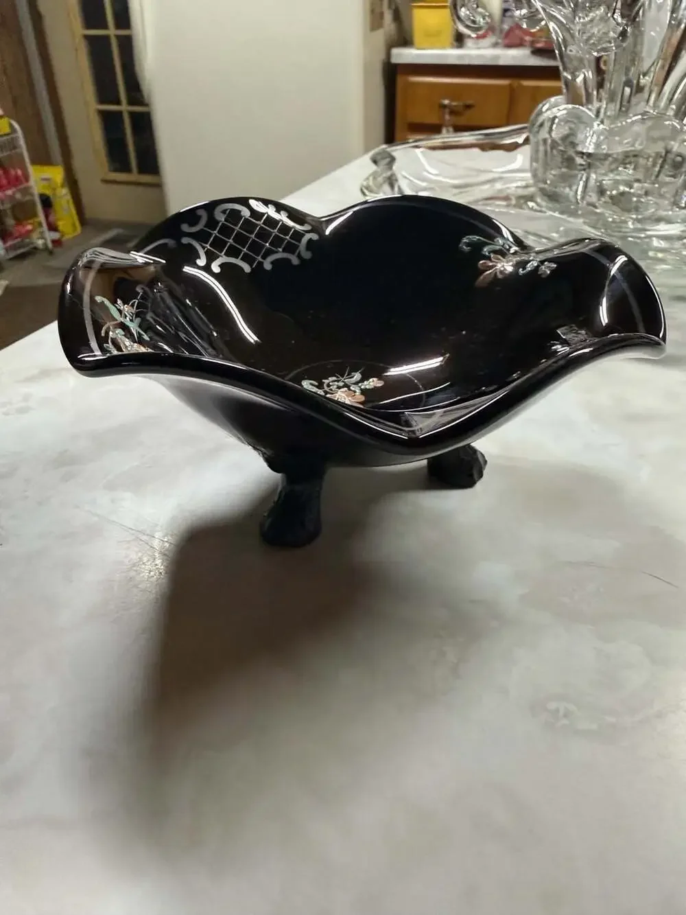 Vintage Japanese Black Porcelain Scalloped Footed Bowl with Hand-Painted Floral
